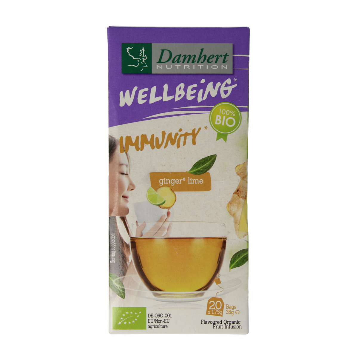 Damhert Bio Gember Limoenthee tea in box with 20 tea bags, natural ginger lemon flavor for tea time.