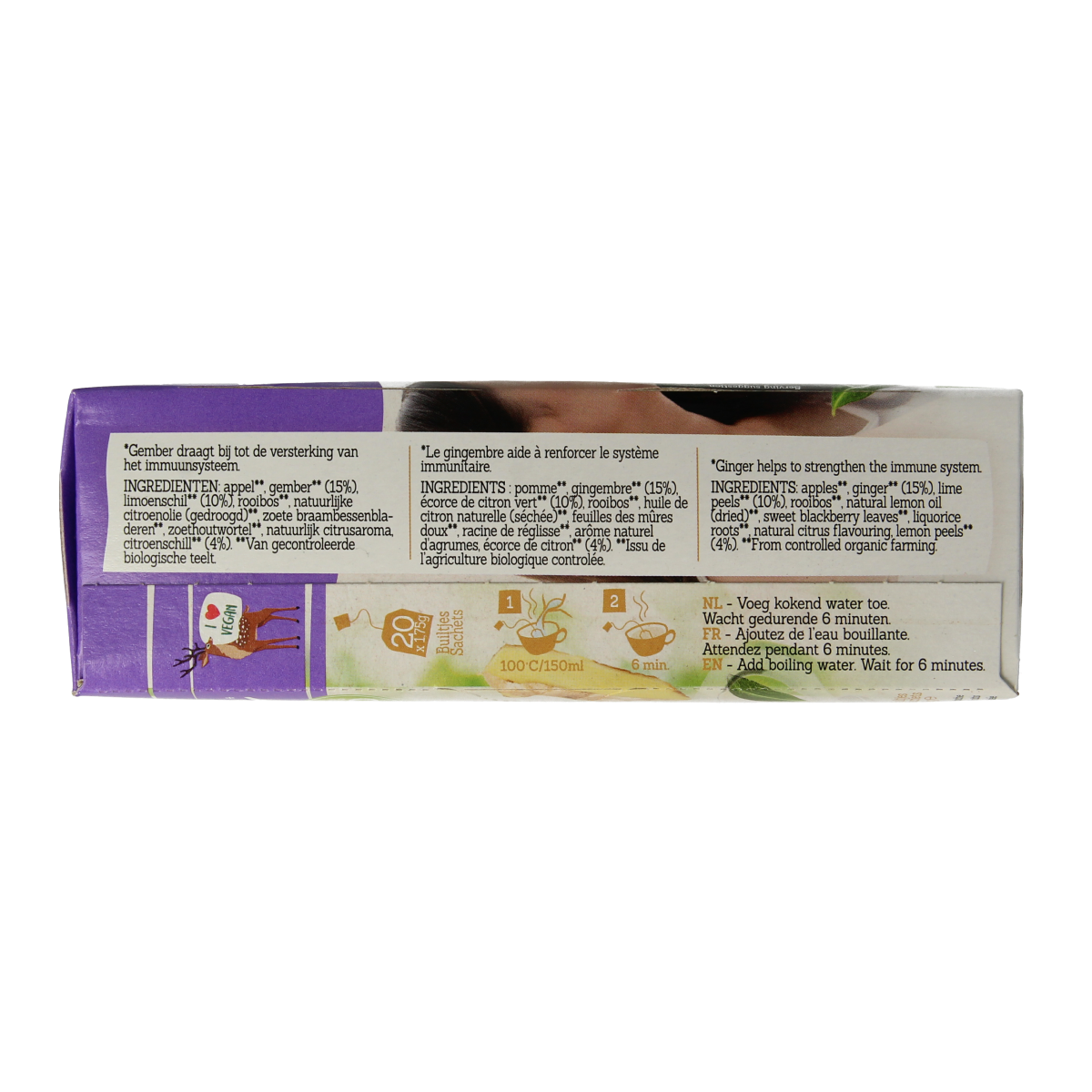 Damhert Bio Ginger Lemon Tea bags, 20-count, featuring fresh ginger and lemon flavor in a tea package.