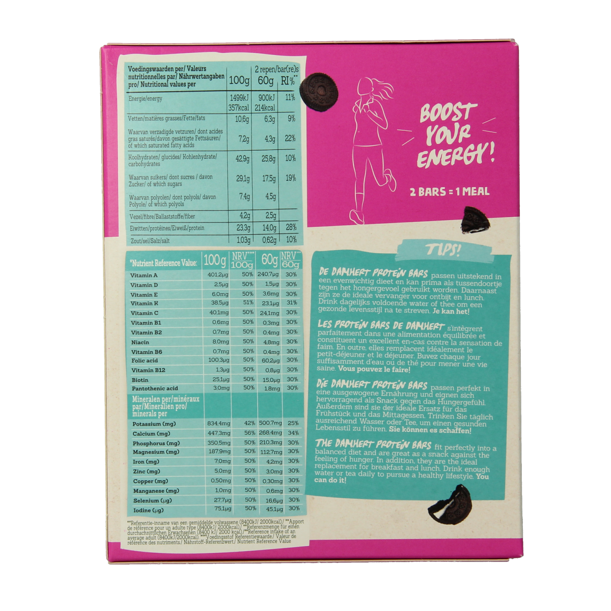 Damhert Slim maaltijdrepen chocolade, 240g, chocolate-flavored meal replacement bars with packaging showing chocolate bars and Damhert branding.