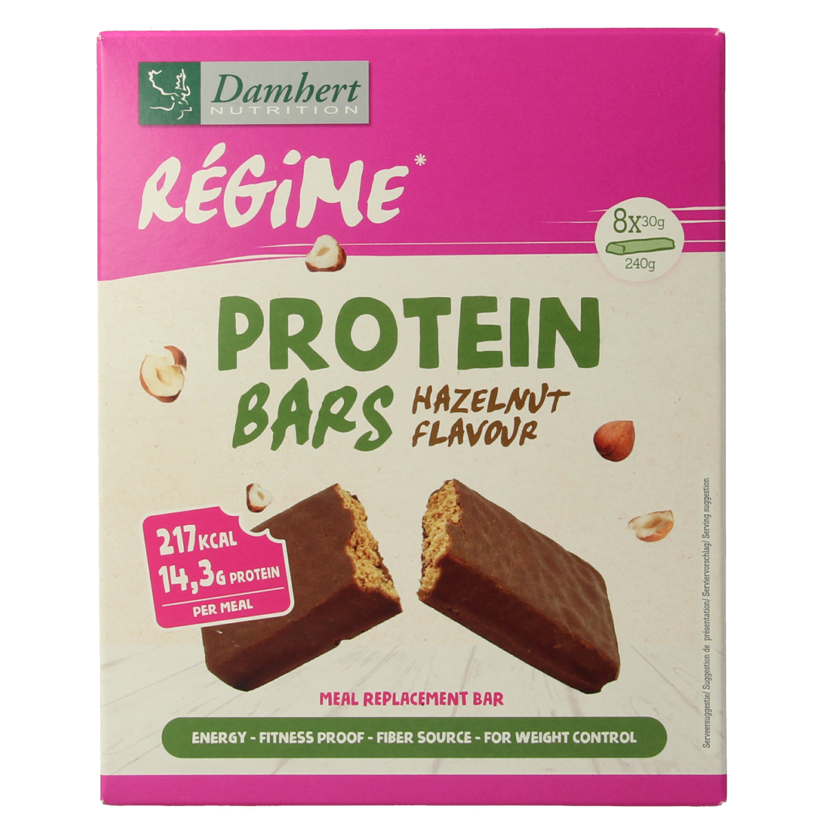 Damhert chocolate hazelnut protein meal replacement bar, 240g, with chocolate and hazelnut flavor, packaged in a foil wrapper.