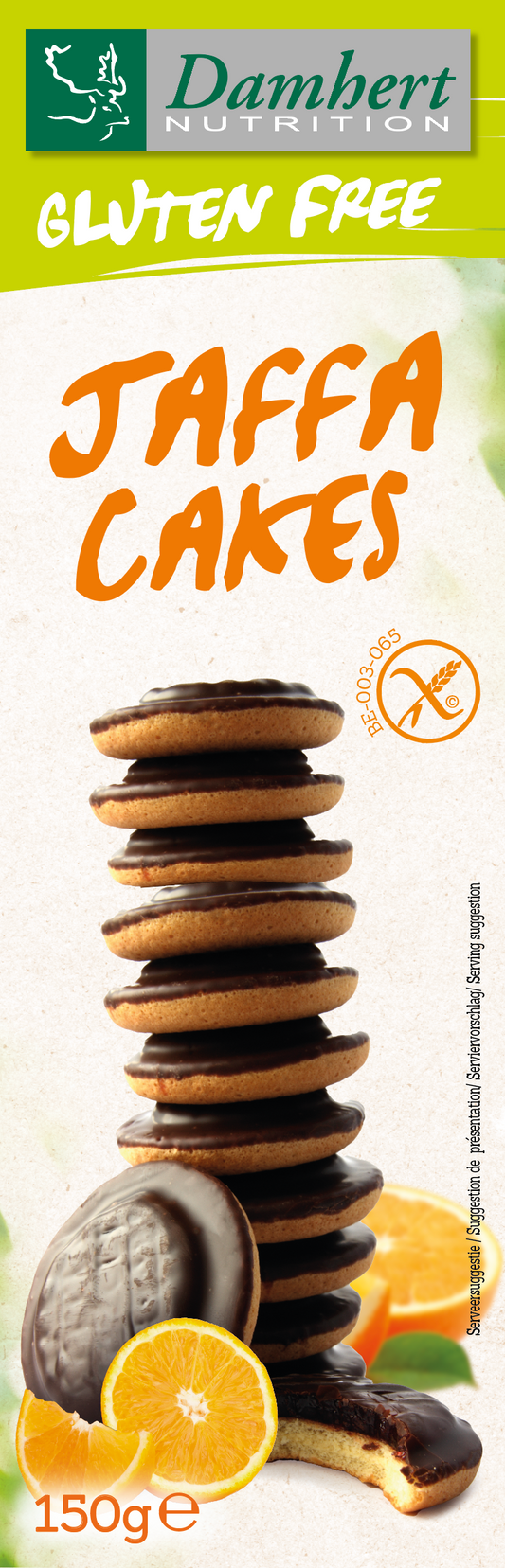 Damhert Jaffa cakes glutenvrij, 150g, gluten-free orange-flavored cookies with a chocolate coating.