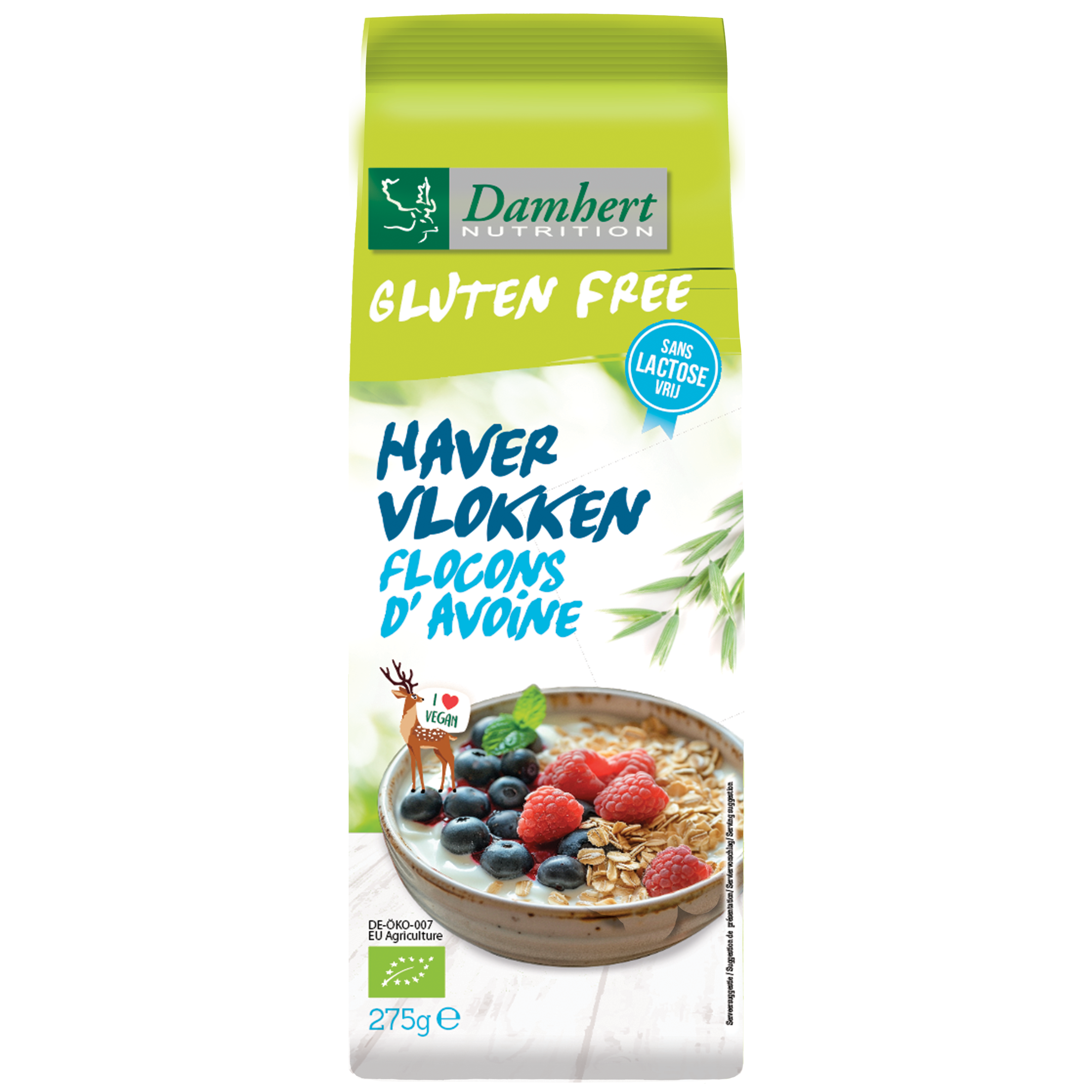 Damhert gluten-free organic oatmeal breakfast cereal in a 275g package, shown in a close-up image.
