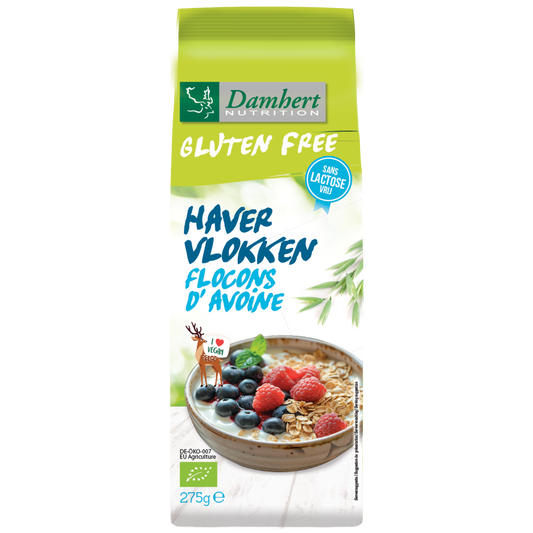 Damhert gluten-free organic oatmeal breakfast cereal in a 275g package, shown in a close-up image.