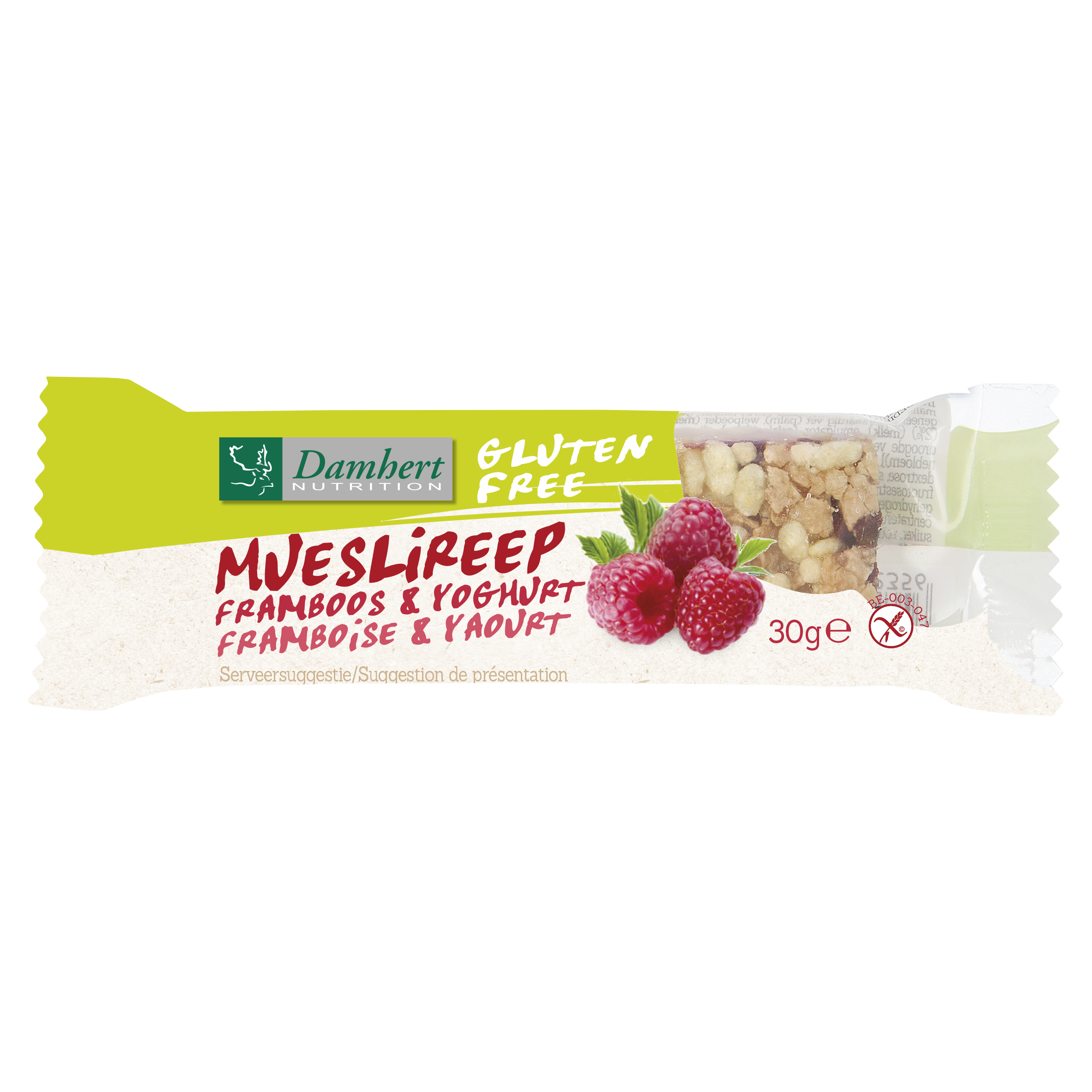 Damhert gluten-free raspberry muesli bar snack, 30 grams, with visible raspberry pieces and crunchy texture in packaging.