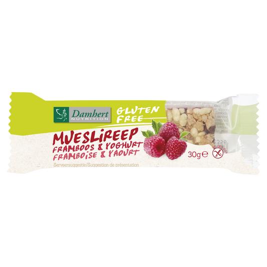 Damhert gluten-free raspberry muesli bar snack, 30 grams, with visible raspberry pieces and crunchy texture in packaging.