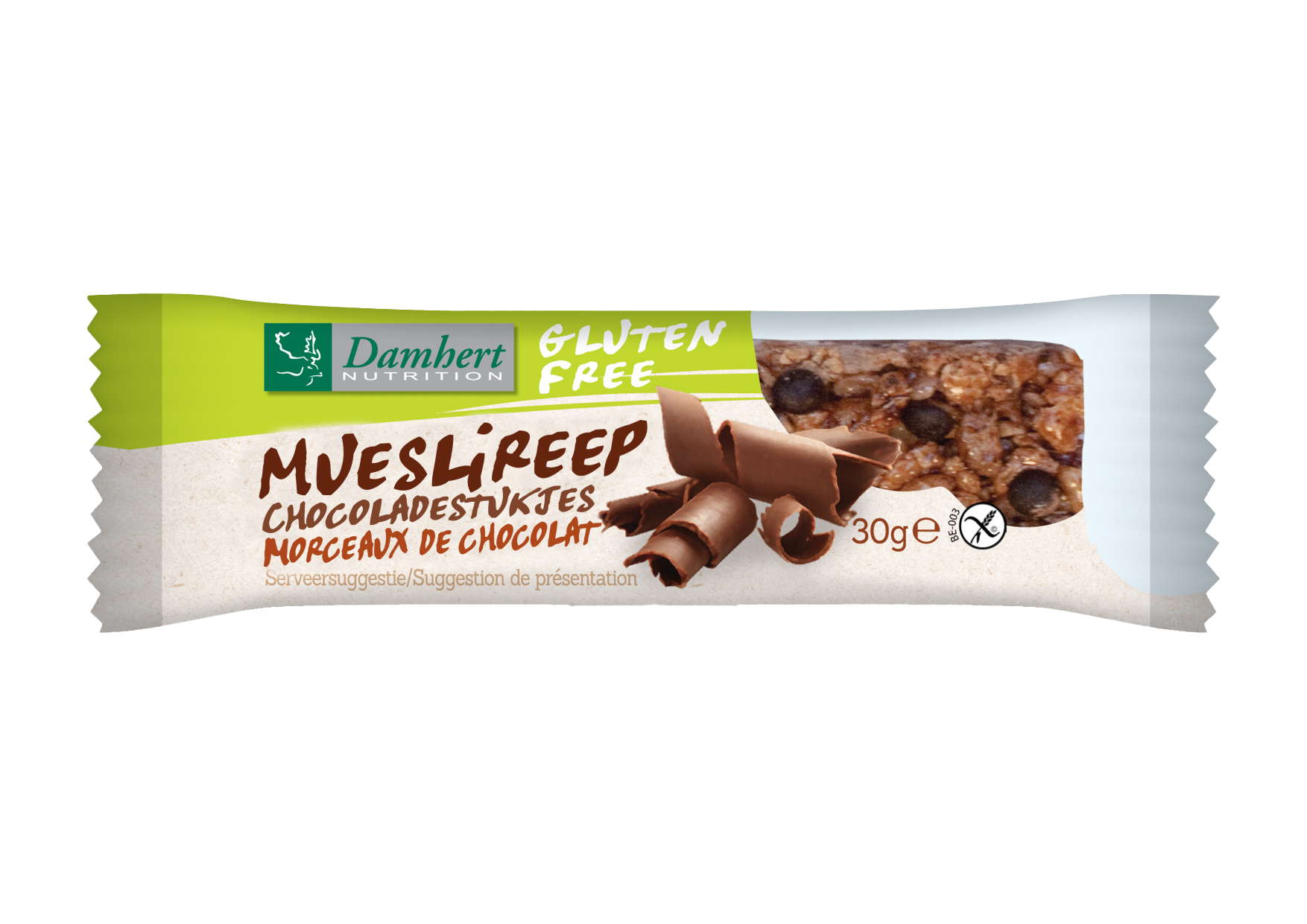Damhert gluten-free chocolate muesli bar snack, 30 grams, with visible chocolate pieces and crunchy texture.