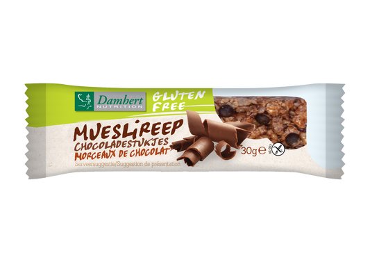 Damhert gluten-free chocolate muesli bar snack, 30 grams, with visible chocolate pieces and crunchy texture.