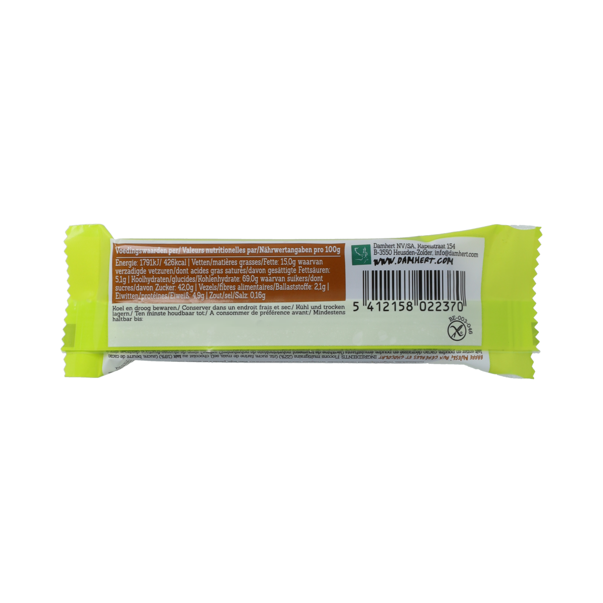 Damhert gluten-free chocolate muesli bar snack, 30 grams, showing the chocolate-coated muesli strip on a white background.