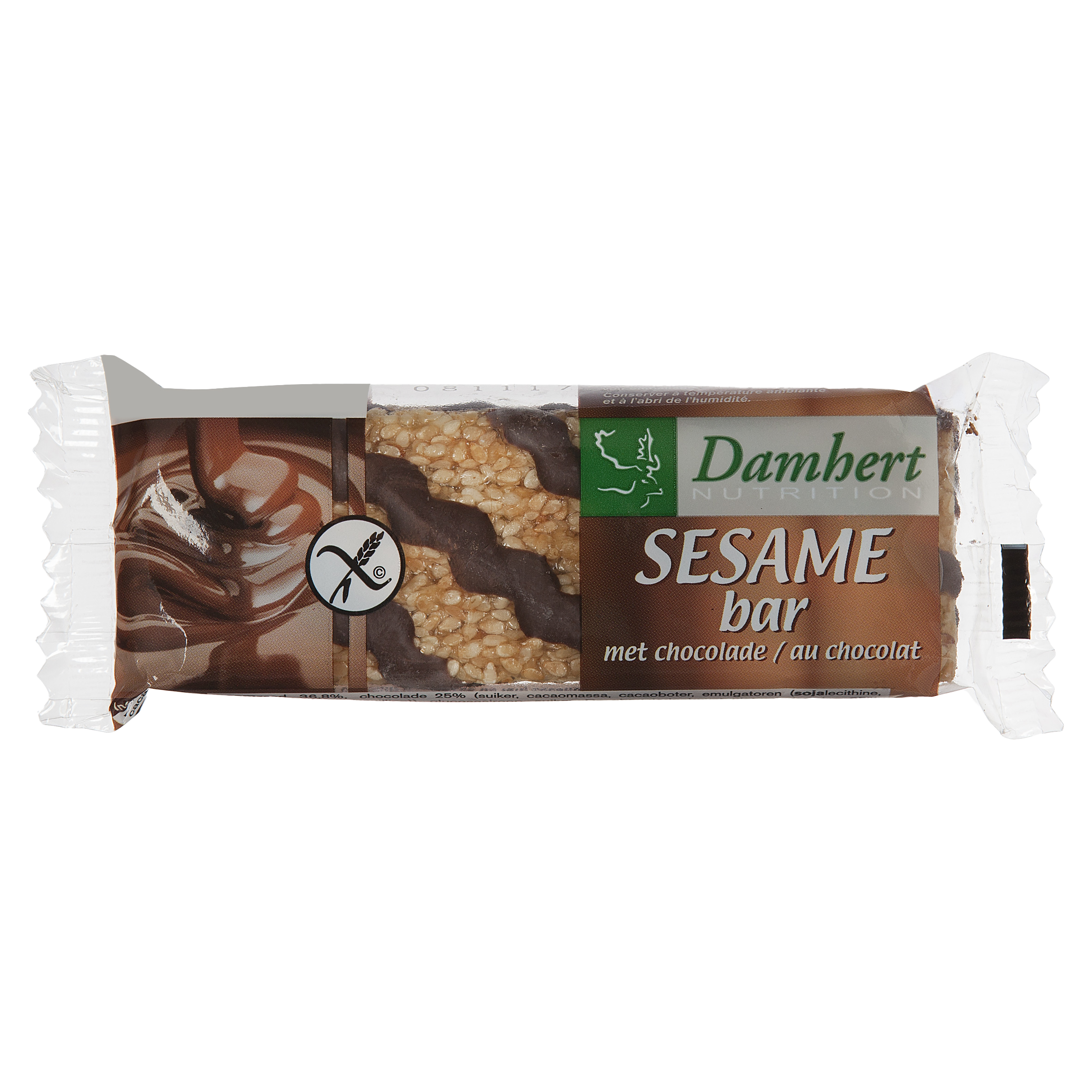 Damhert Sesambar chocolade glutenvrij snack in 45g pack, featuring sesame seeds and chocolate coating, for gluten-free snacking.