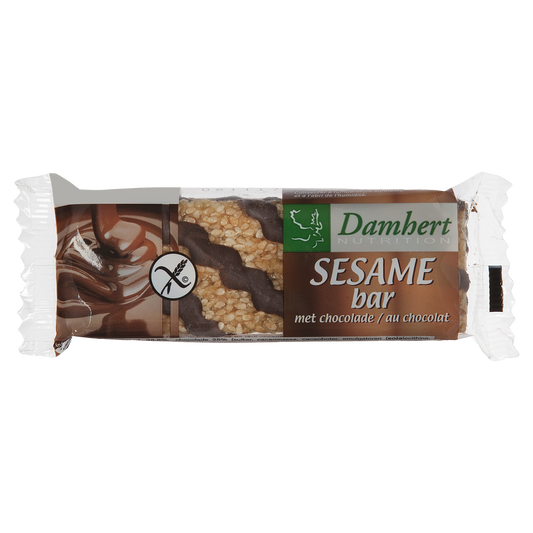 Damhert Sesambar chocolade glutenvrij snack in 45g pack, featuring sesame seeds and chocolate coating, for gluten-free snacking.