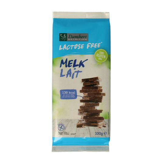 Damhert gluten-free and lactose-free milk chocolate tablet, 100 grams, shown in the image.