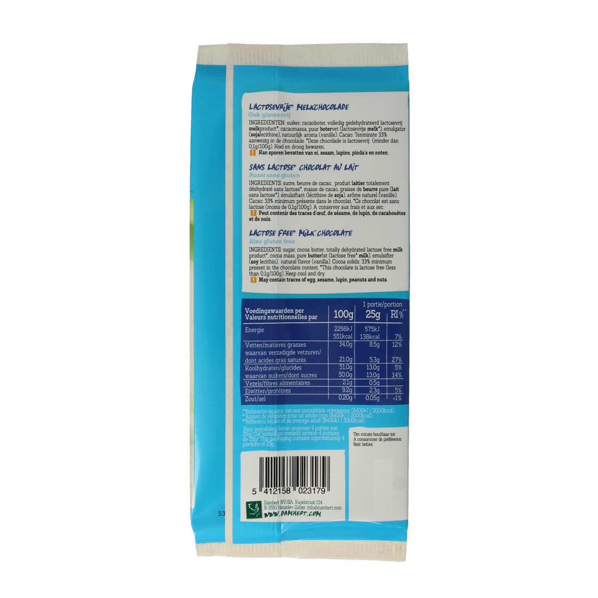 Damhert gluten- and lactose-free milk chocolate tablet, 100 grams, with smooth, creamy texture and chocolate bar appearance