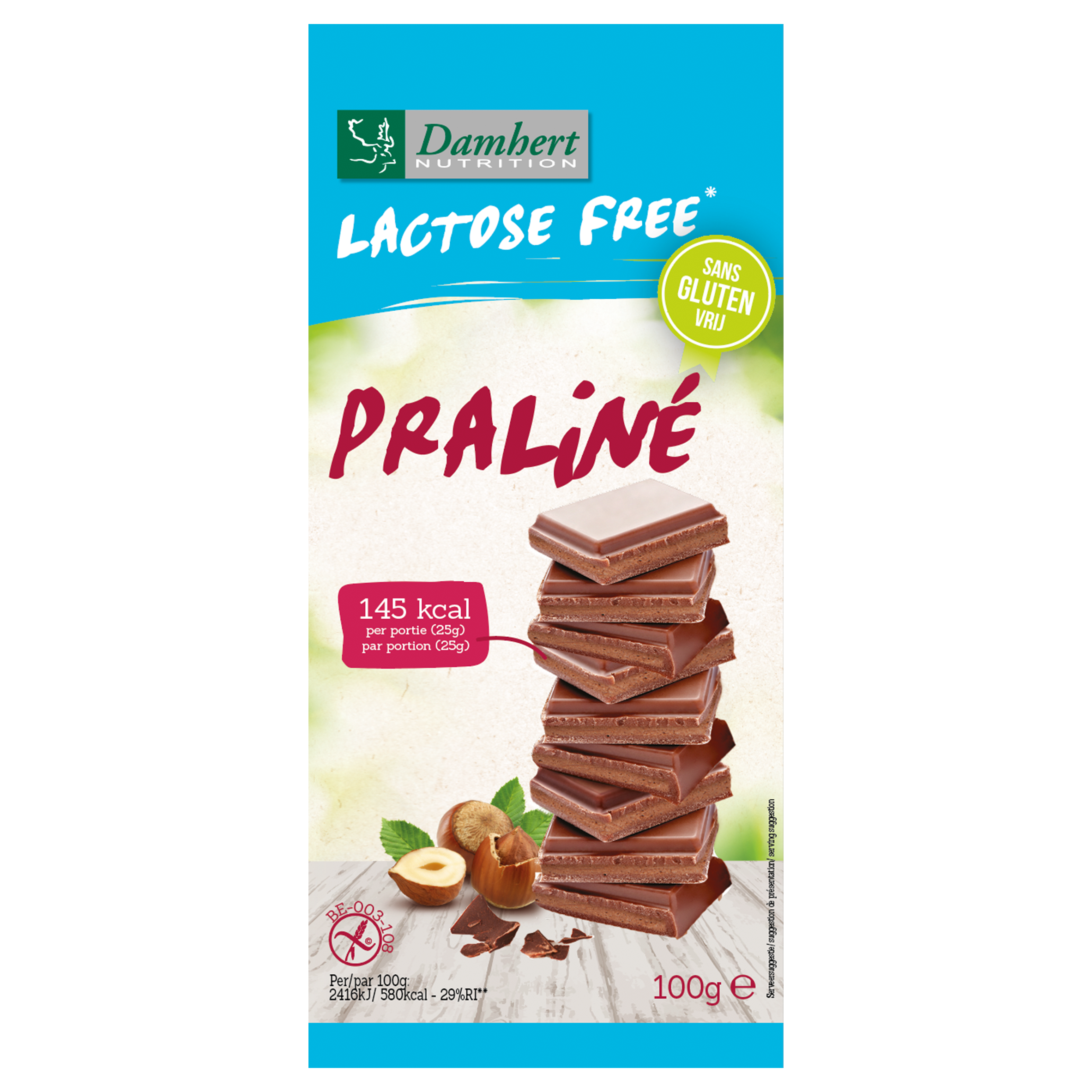 Damhert gluten- and lactose-free praline chocolate tablet, 100g, showing a close-up of the chocolate bar with praline pieces.