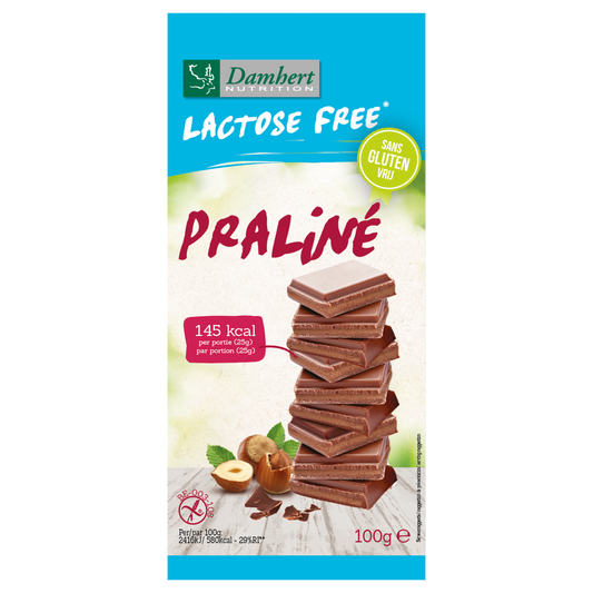 Damhert gluten- and lactose-free praline chocolate tablet, 100g, showing a close-up of the chocolate bar with praline pieces.