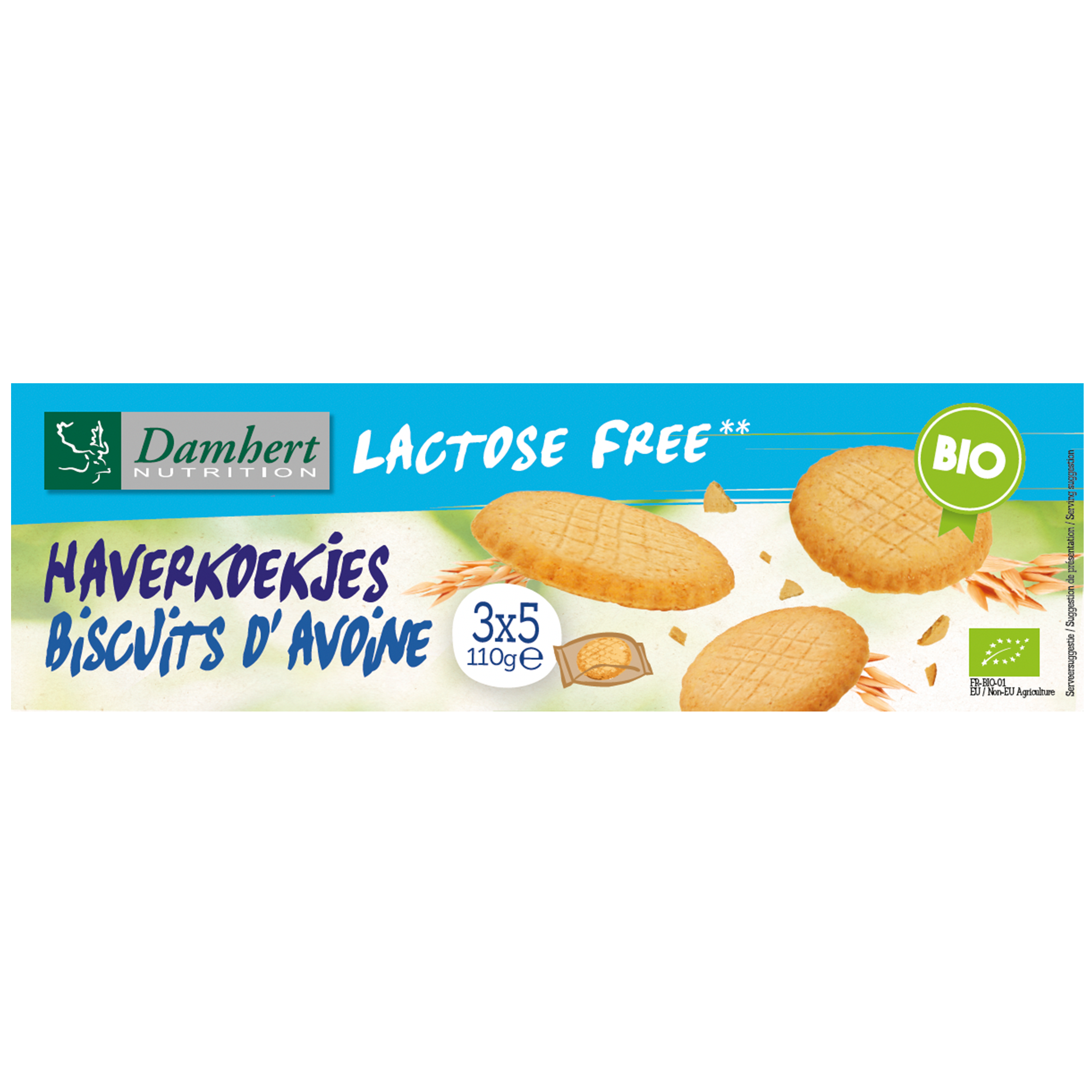 Damhert organic lactose-free oat cookies in a 110g package, showing golden-brown oat cookies on the packaging.