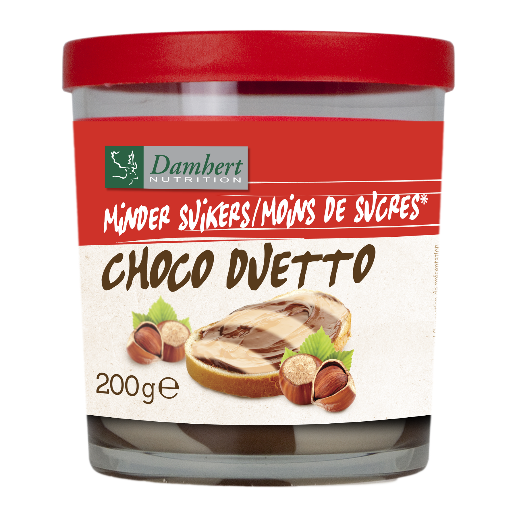 Damhert Chocopasta Duetto spread on bread, 200g jar, smooth chocolate hazelnut flavor, perfect for breakfast or snacks.