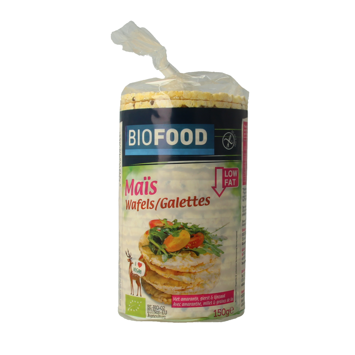 Biofood organic corn wafers in a 150g package, crispy bio koeken with natural corn flavor, shown on the product image.