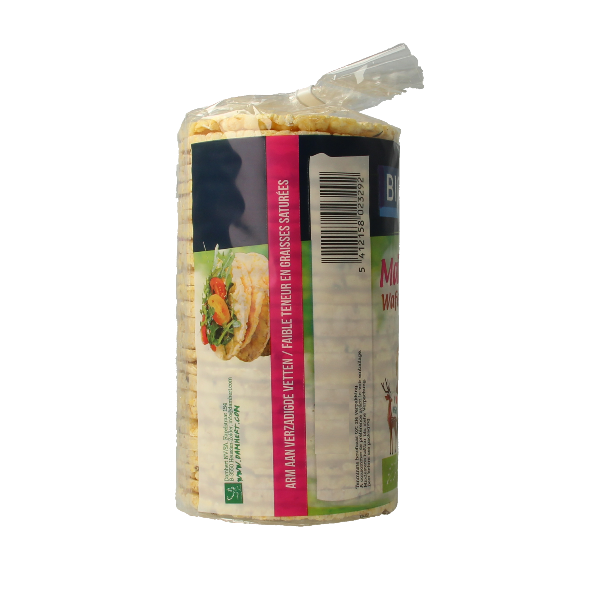 Biofood organic maize waffles snack in 150g package, showing golden brown, crispy koeken with a textured surface.