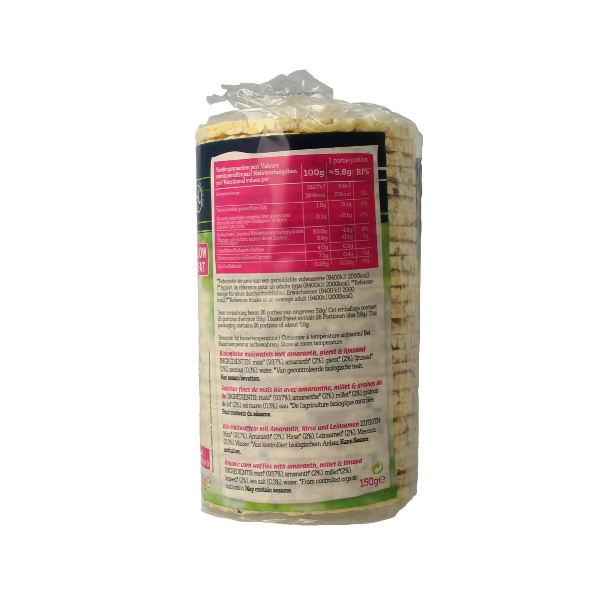 Biofood organic maize waffles, 150g, crispy koeken made with natural ingredients, shown on a plain background.
