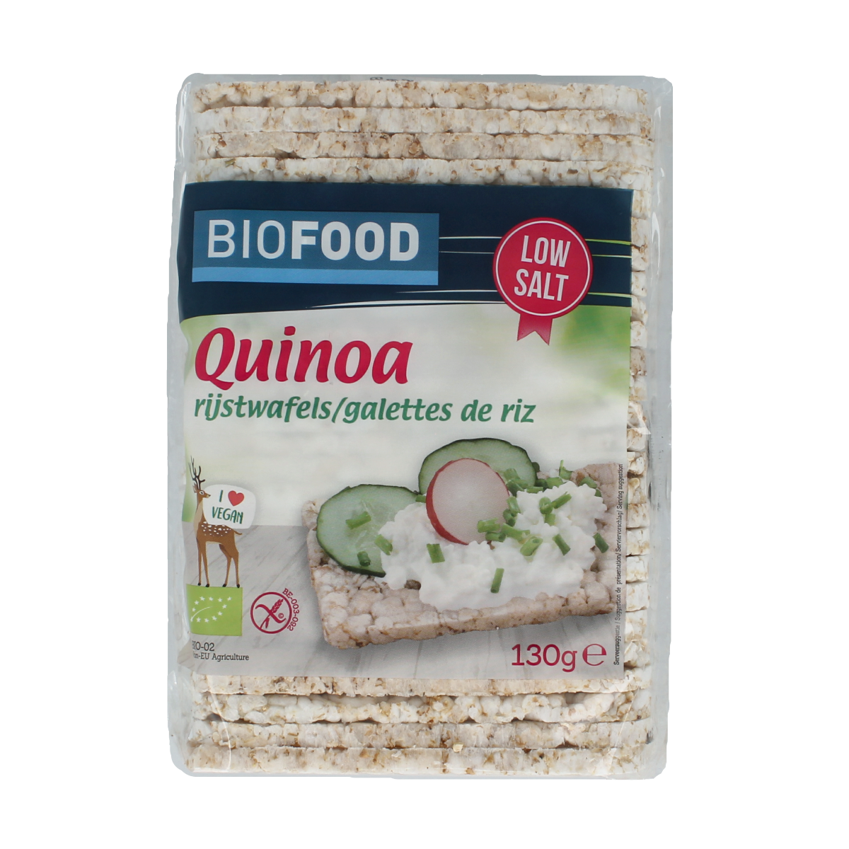 Damhert organic rice cakes with quinoa, 130g, crispy gluten-free crackers in a clear package.