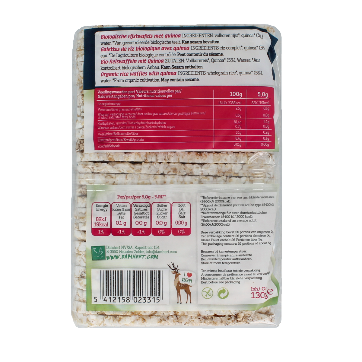 Damhert organic rice cakes with quinoa, 130 grams, featuring crispy, round crackers with visible quinoa seeds on the surface.