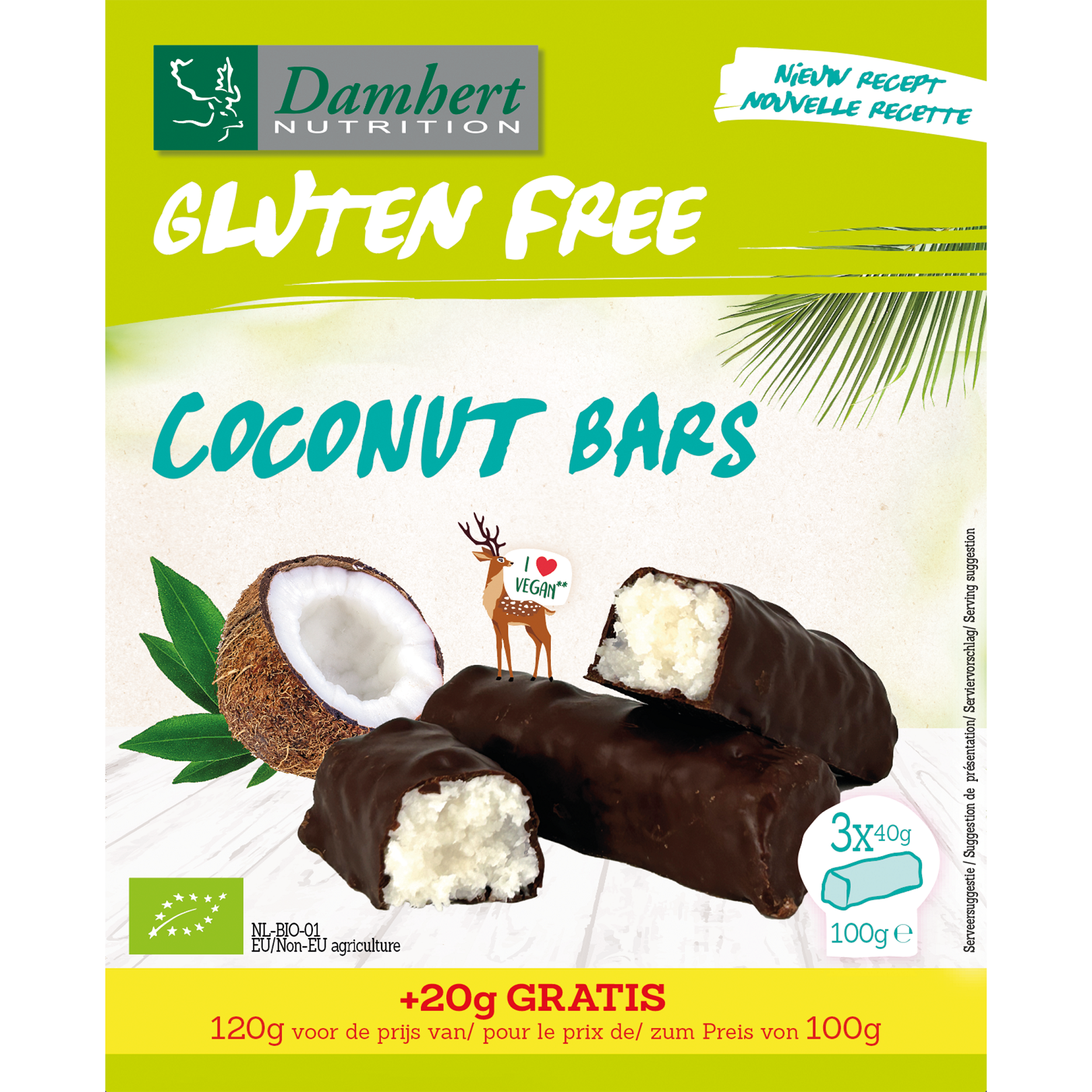 Damhert organic gluten-free coconut bars snack with shredded coconut in a clear wrapper, 120 grams.