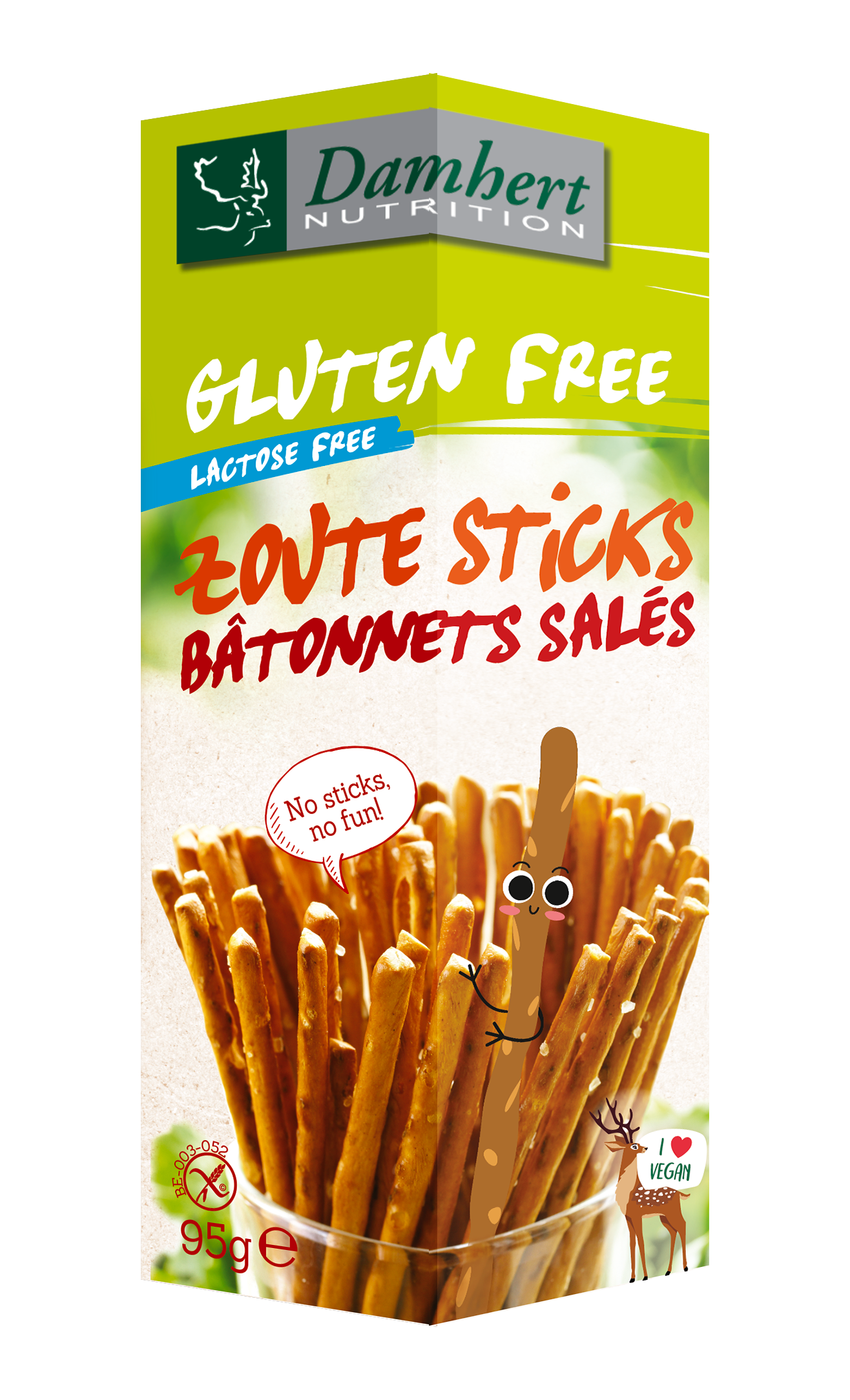 Damhert gluten-free salted sticks in 95g package, crispy chips and zoutjes snack with crunchy texture and savory flavor.