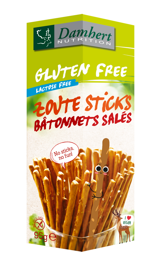 Damhert gluten-free salted sticks in 95g package, crispy chips and zoutjes snack with crunchy texture and savory flavor.