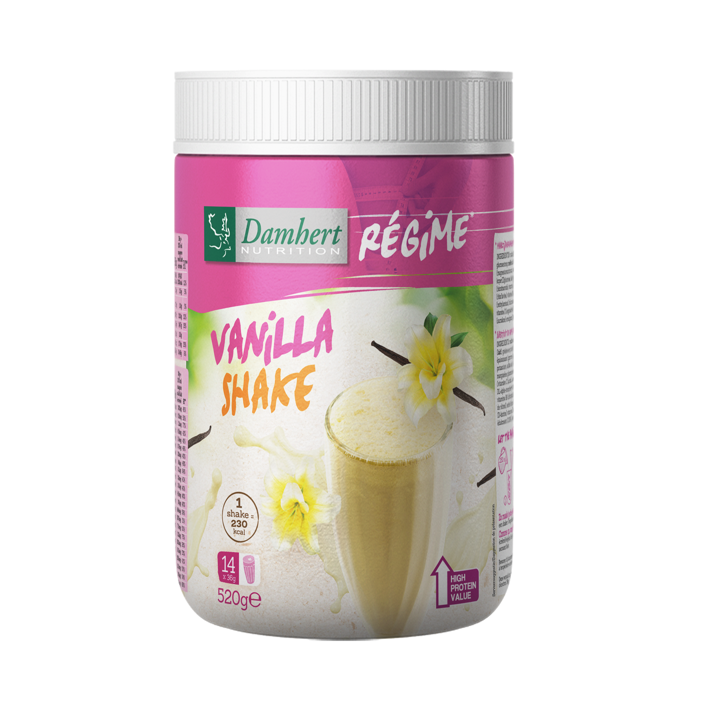 Damhert Vanille Maaltijdshake Regime, 520g, creamy vanilla flavor in a resealable bag, suitable as a meal replacement.