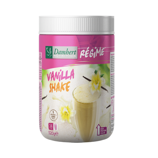 Damhert Vanille Maaltijdshake Regime, 520g, creamy vanilla flavor in a resealable bag, suitable as a meal replacement.