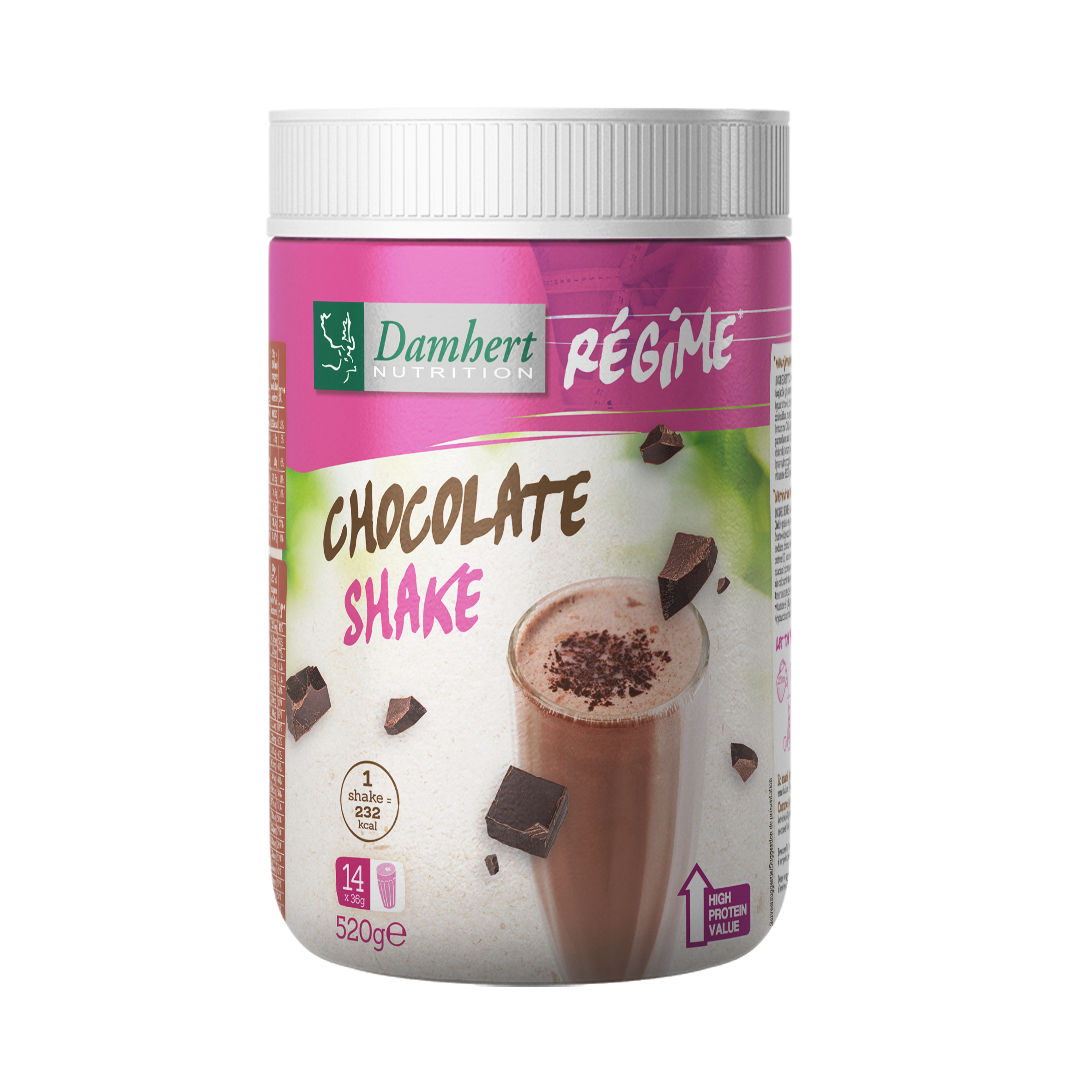 Damhert Regime maaltijd shake chocolade in 520g container, showcasing the chocolate flavor and packaging.