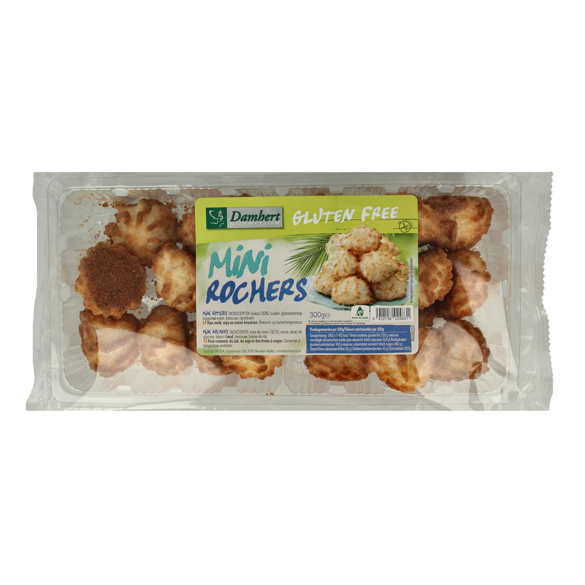 Damhert Mini kokosrotsen gluten-free cookies in a clear package, showing golden-brown coconut-flavored mini koeken.