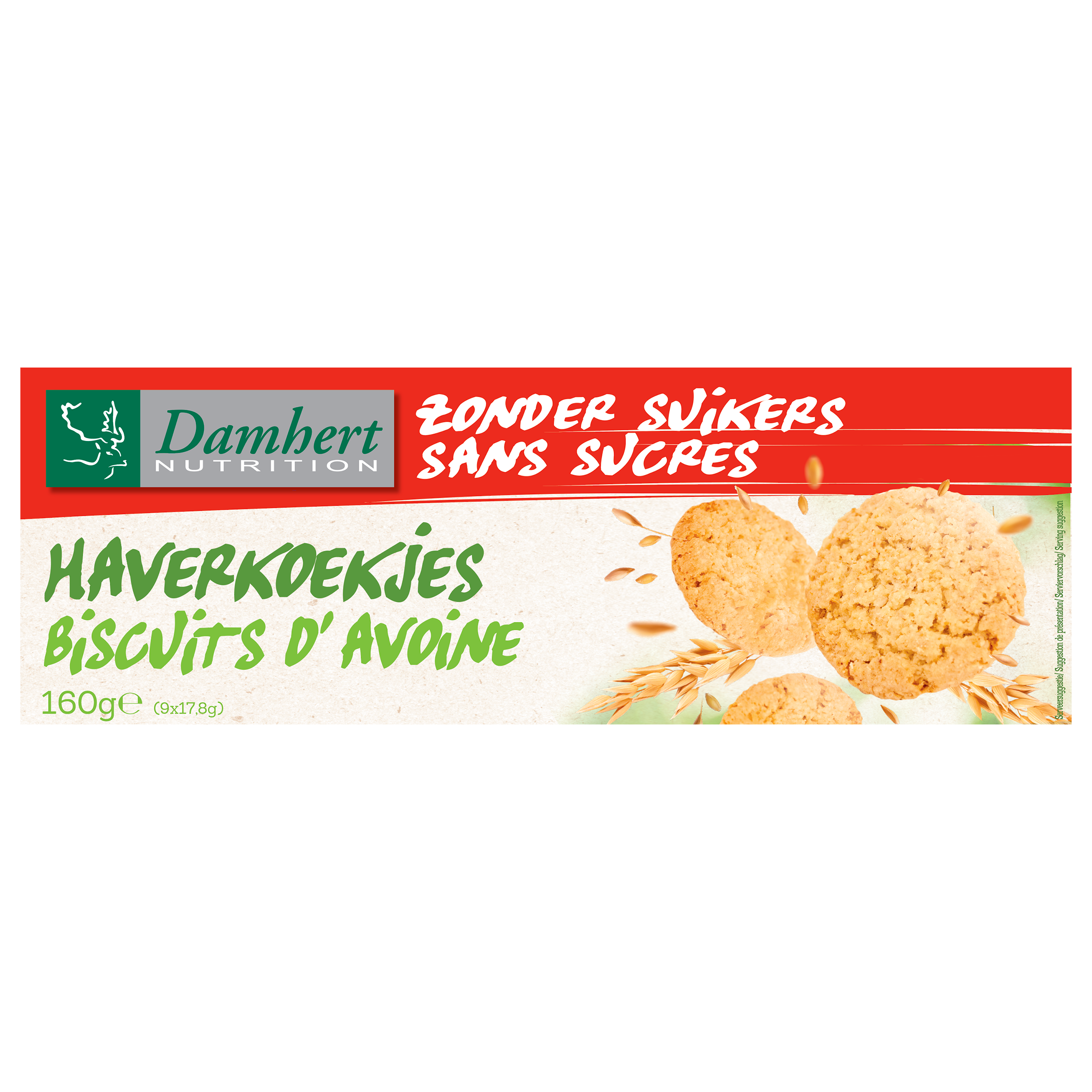 Damhert Haverkoekjes, 160g, crispy oat cookies in a clear package with Damhert branding and a close-up of the cookies.
