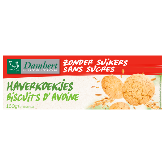 Damhert Haverkoekjes, 160g, crispy oat cookies in a clear package with Damhert branding and a close-up of the cookies.