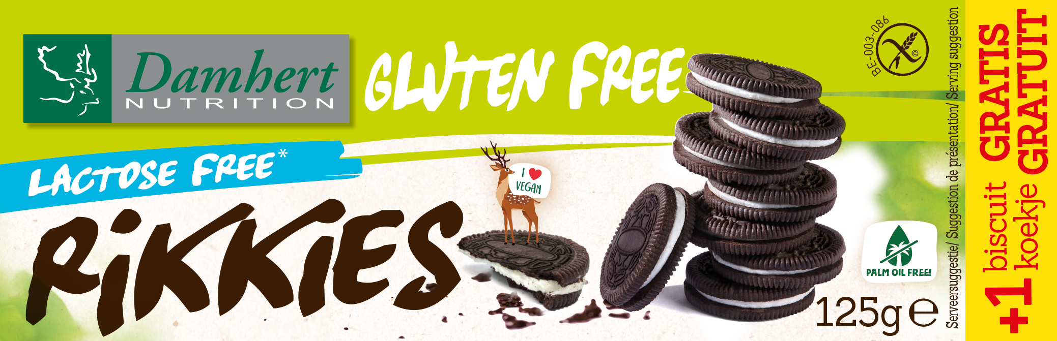 Damhert Rikkies gluten-free cookies in 125g package, showing golden-brown koeken with a crispy texture and Damhert branding.