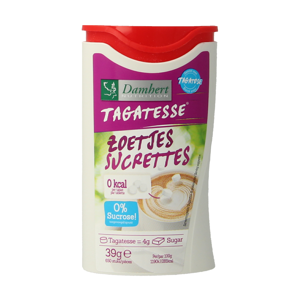 Damhert Tagatesse tabletop sugar and sweetener dispenser with 850 grams capacity, shown on a table.