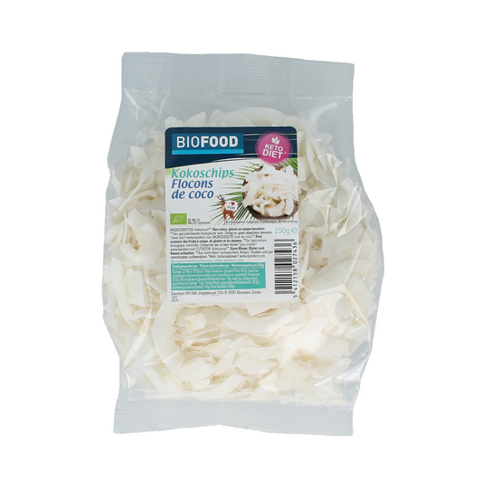 Raw Biofood Kokoschips bio in 150g pack, crispy coconut slices from natural superfood source.