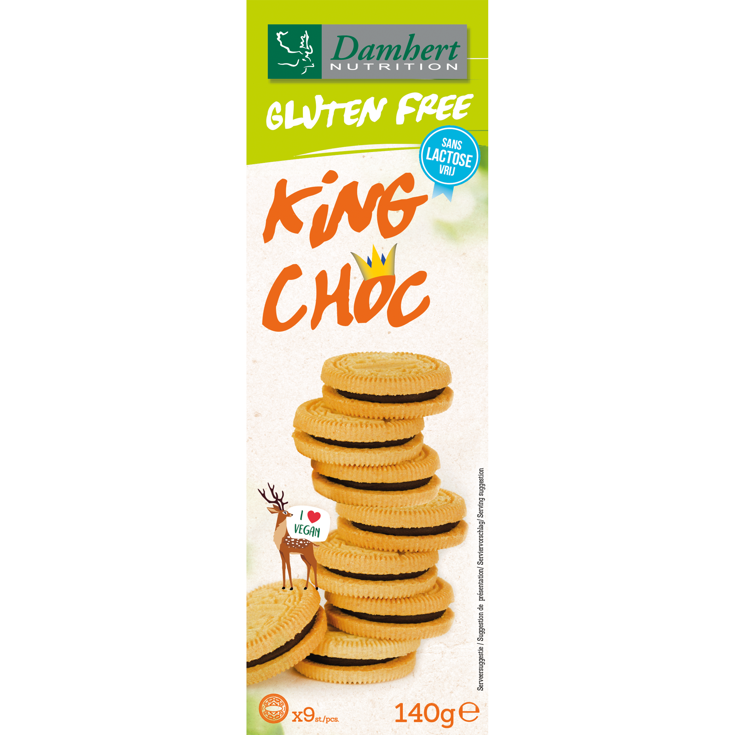 Damhert King chocolade koekjes, lactose-free, 140g, crispy chocolate biscuits with a rich chocolate coating.