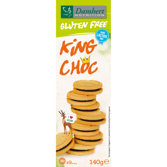 Damhert King chocolade koekjes, lactose-free, 140g, crispy chocolate biscuits with a rich chocolate coating.