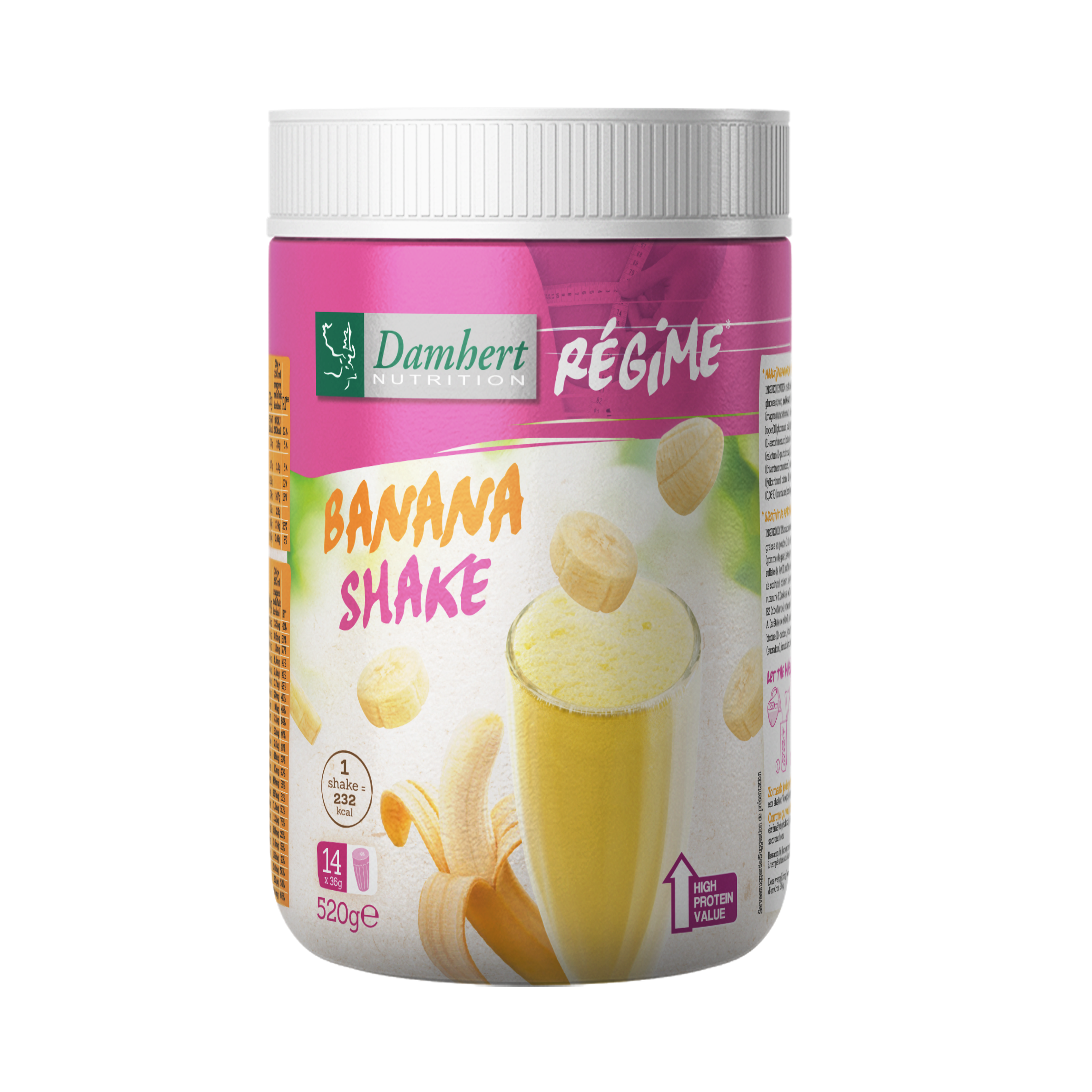 Damhert Regime maaltijd shake banaan, 520g, in a bottle with banana flavor, designed as a meal replacement.
