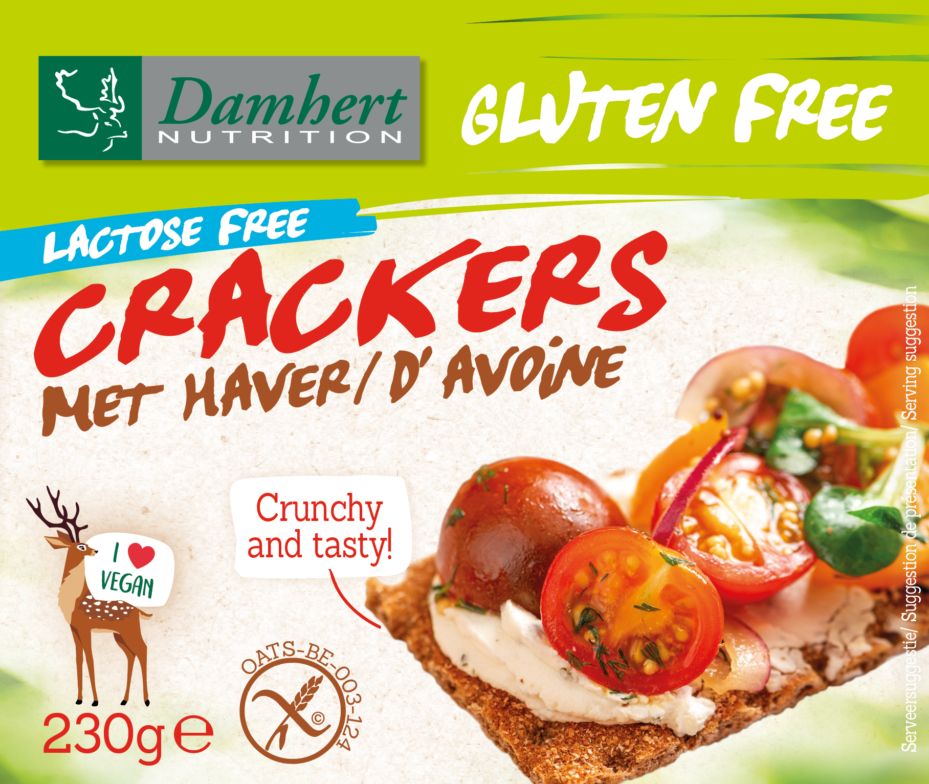 Damhert Crackers haver 230g, crunchy whole grain crackers in a clear package, ideal for snacking or with toppings.