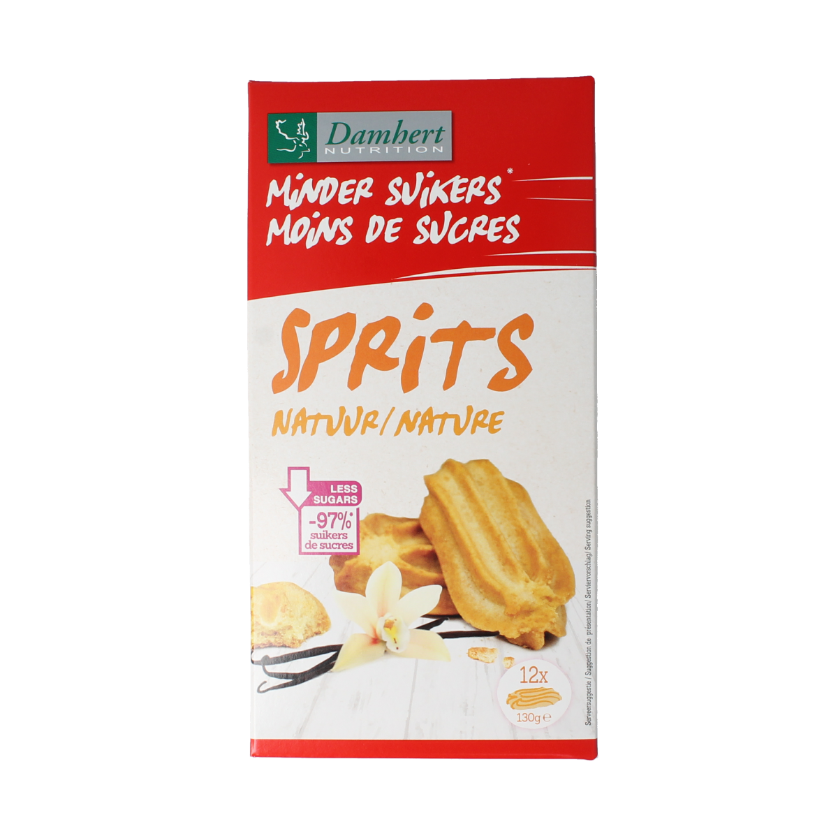 Damhert Sprits natuur koeken, 130g, with visible golden-brown baked surface and Damhert branding on packaging.