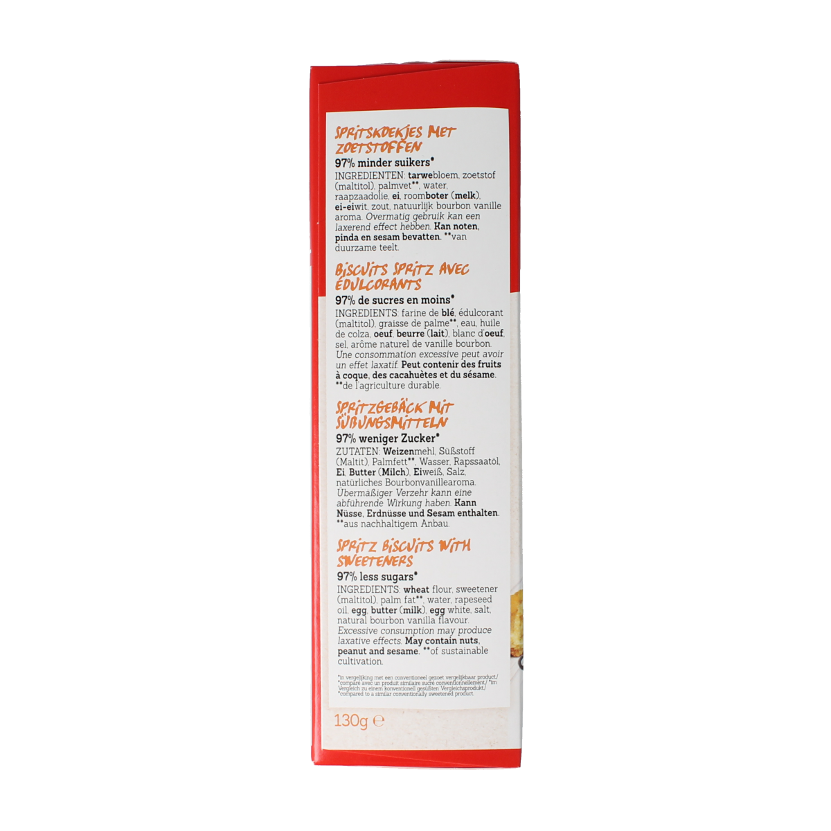 Damhert Sprits natuur koeken, 130g, showing golden-brown baked cookies with a textured surface.