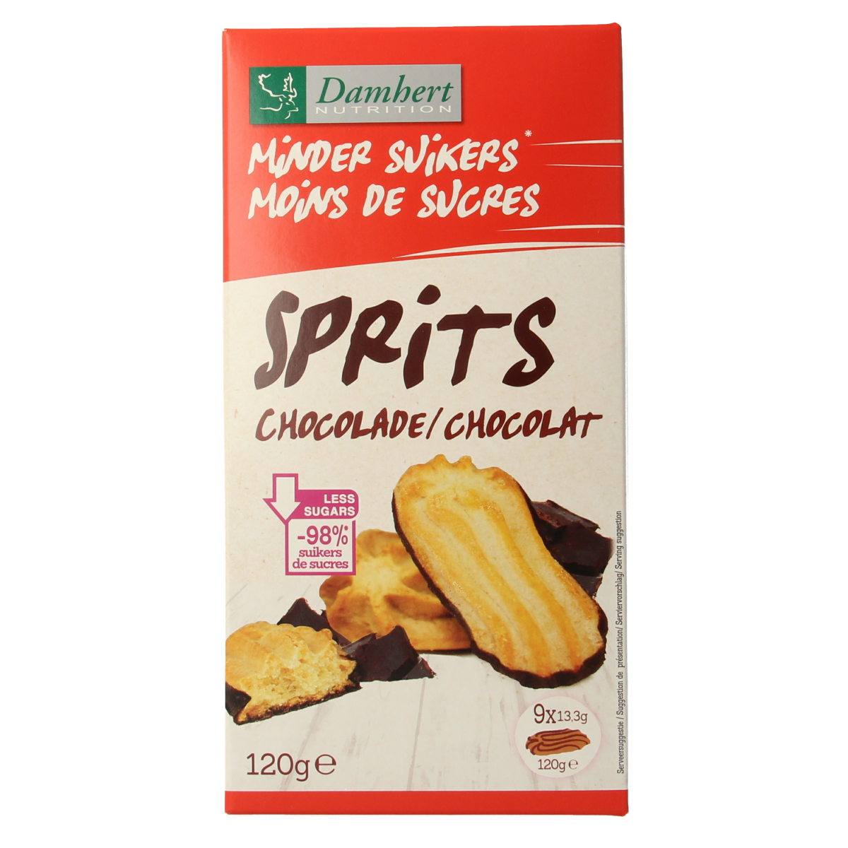 Damhert Sprits chocolade koeken in 120g packaging, featuring crispy chocolate-filled cookies with Damhert branding.