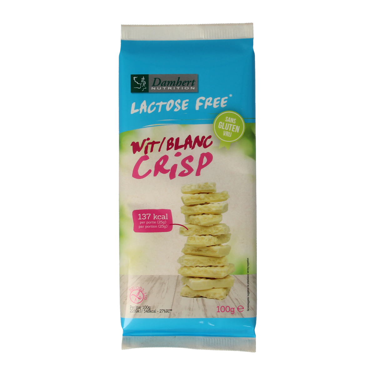 Damhert white chocolate tablet with crisp texture, gluten-free and lactose-free, 100 grams, shown in the image.