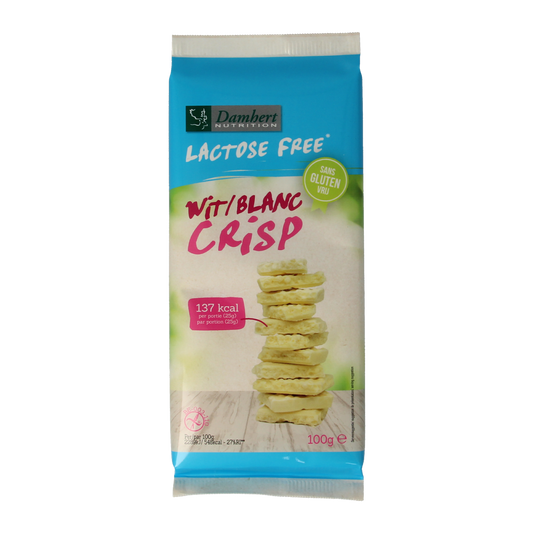 Damhert white chocolate tablet with crisp texture, gluten-free and lactose-free, 100 grams, shown in the image.