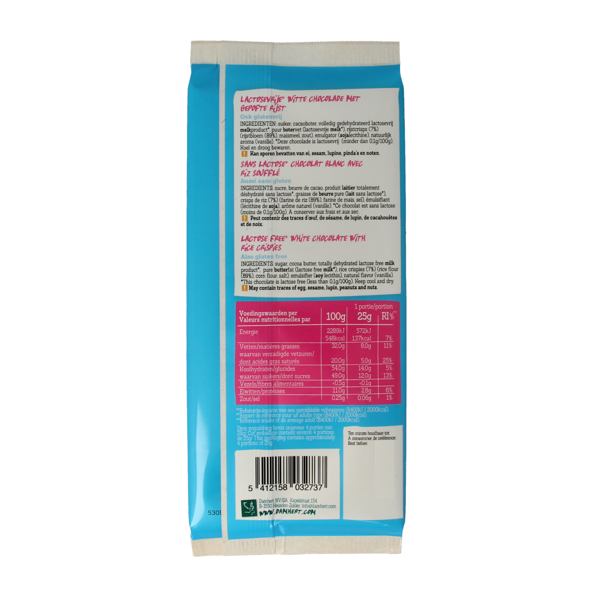 Damhert white chocolate tablet with crispy texture, gluten-free and lactose-free, 100 grams, shown in the image.