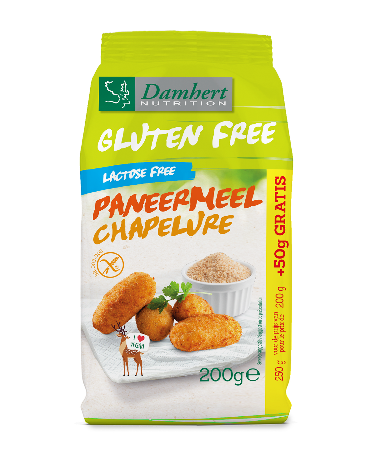 Damhert gluten-free paneermeel bread crumbs in 250g packet with 50g free, used for baking and breading.