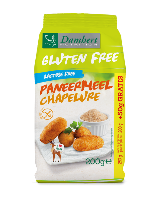 Damhert gluten-free paneermeel bread crumbs in 250g packet with 50g free, used for baking and breading.