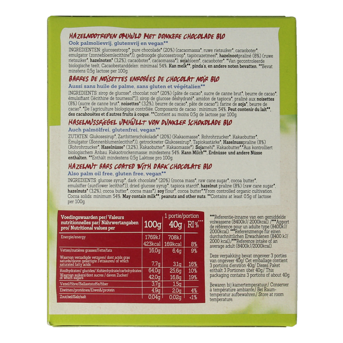Damhert gluten-free organic chocolate praline pen with 120g pack, showing the chocolate pen and packaging.